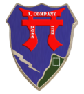 Die Flagge unserer Company. Zu sehen ist das Abzeichen der dritten Brigade der 101st Airborne Division (Rakkansan). Darunter zu sehen sind Elemente der Regimentswappen der Teileinheiten unserer Company. Der weiße Blitz für das 506 Infantry Regiment und das weiße Quadrat auf grünem Grund für das 33 Cavalry Regiment. Es handelt sich bei dem Logo um eine Eigenkreation.